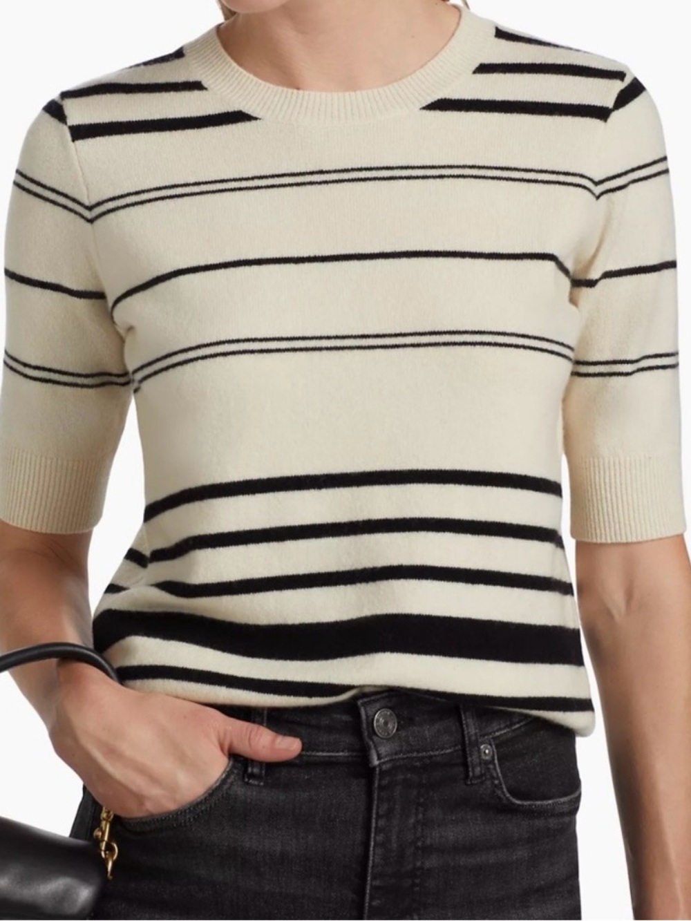 Frame Denim Cream and Black Striped Short-Sleeve Crewneck Sweater